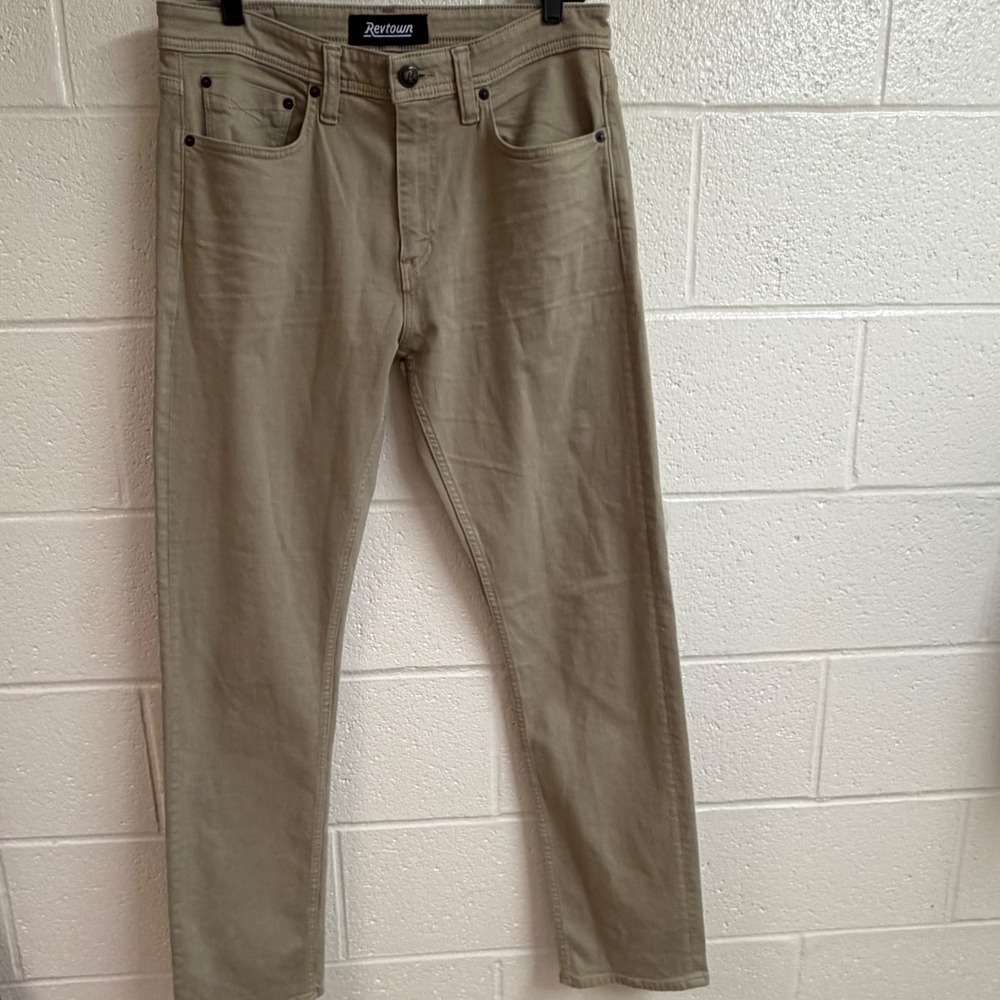 Revtown Mens Sharp Denim Slim Straight Jeans 32x32 Khaki Tan Stretch Casual